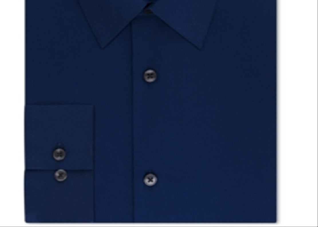Camisa social masculina Calvin Klein Slim Fit sem ferro, estilo espinha de peixe, azul, tamanho 17,5 x 34 x 35