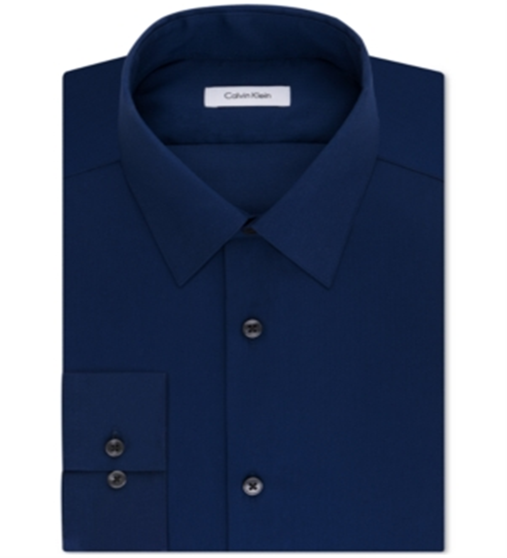 Camisa social masculina Calvin Klein Slim Fit sem ferro, estilo espinha de peixe, azul, tamanho 17,5 x 34 x 35