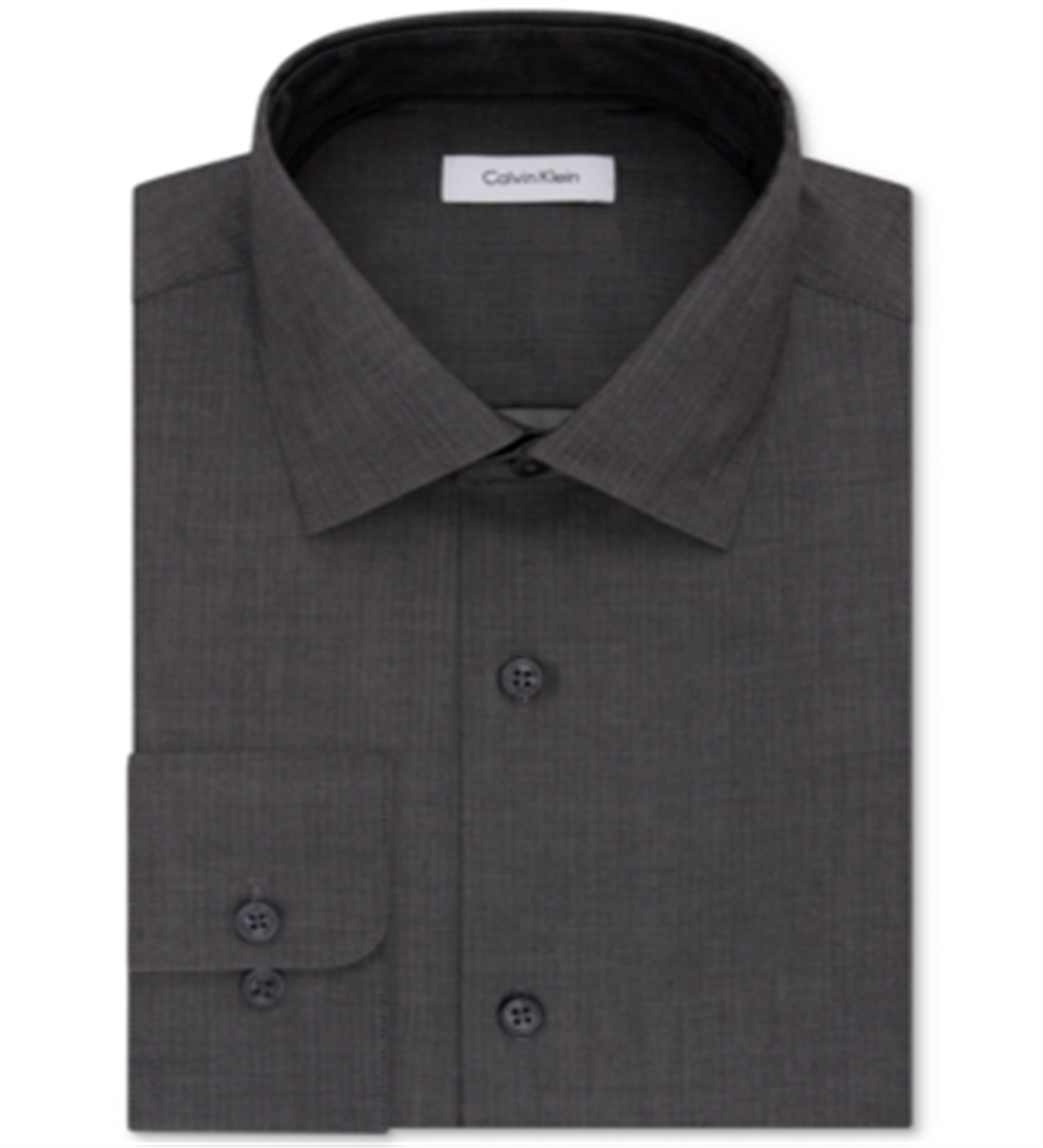 Camisa social masculina Calvin Klein Steel Classic-Fit, sem passar a ferro, com gola aberta e espinha de peixe, cinza, tamanho 18, 36-37