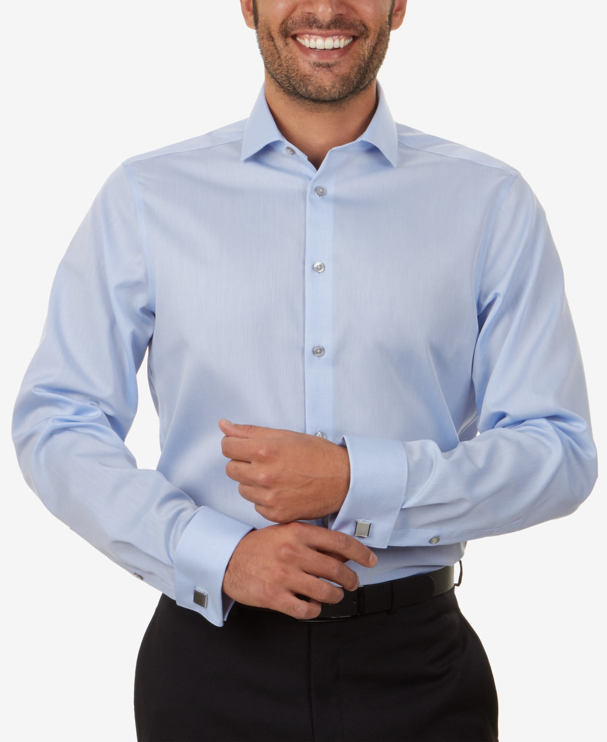 Camisa social masculina Calvin Klein Slim Fit, sem passar roupa, com punho francês, em espinha de peixe, azul, tamanho 34x35
