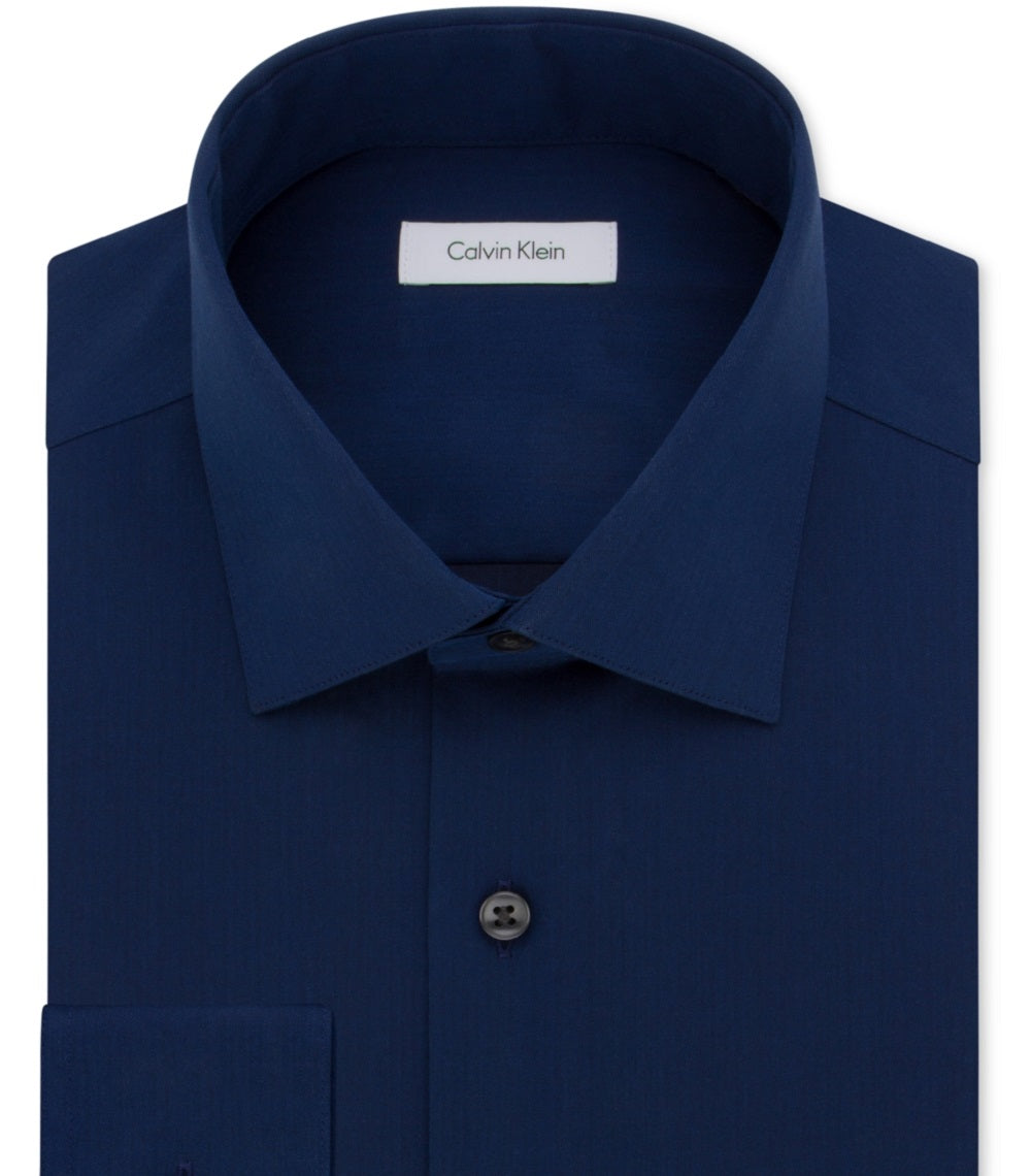 Camisa social masculina Calvin Klein Classic Fit sem ferro, gola aberta em espinha de peixe, tamanho azul, 16,5 x 34 x 35