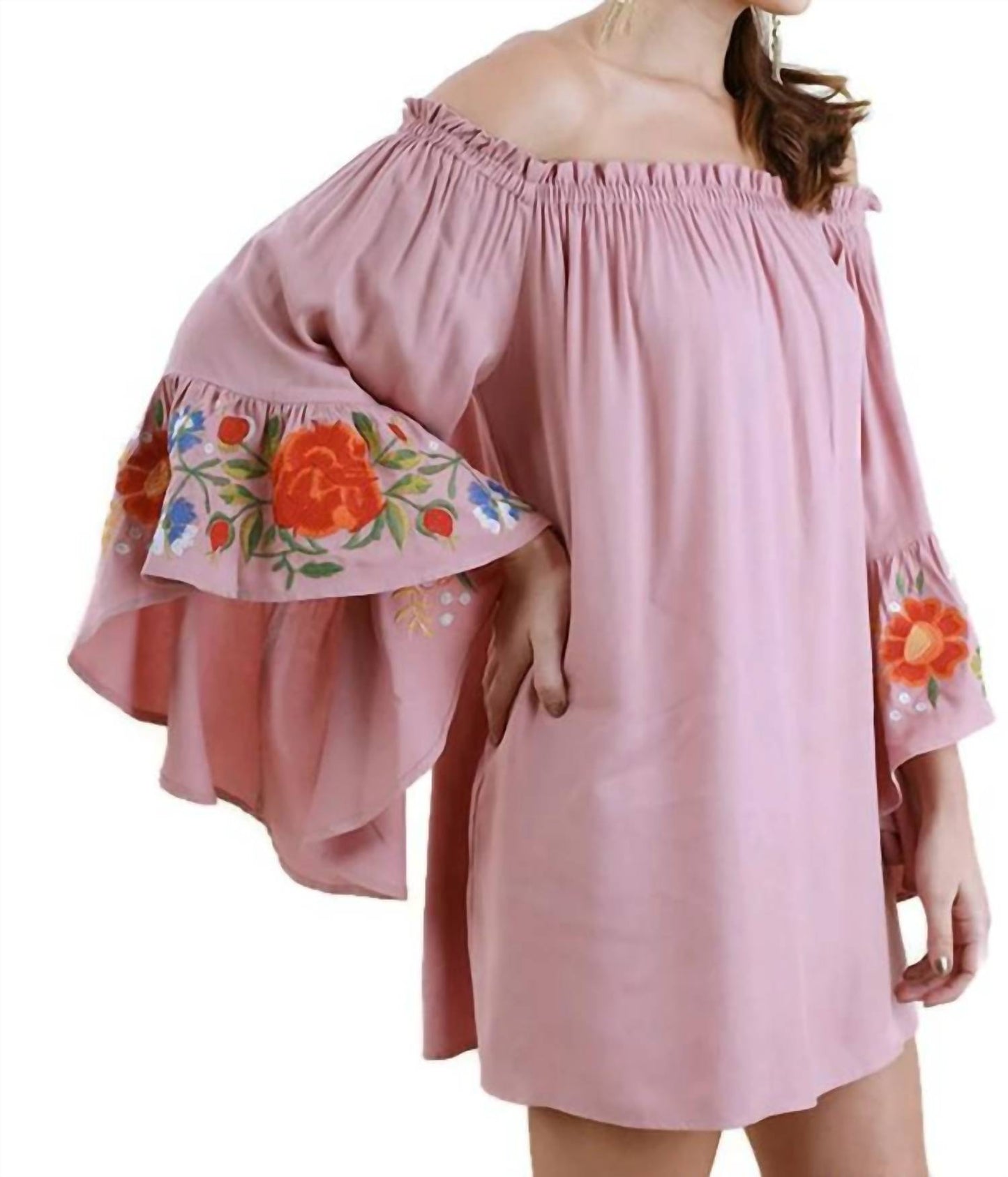 Umgee - Floral Embroidered Bell Sleeve Mini Dress