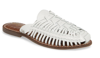 Sam Edelman Mule de couro feminino, confortável, com amortecimento, Keelyn, bico redondo, salto bloco, tamanho 6,5, branco