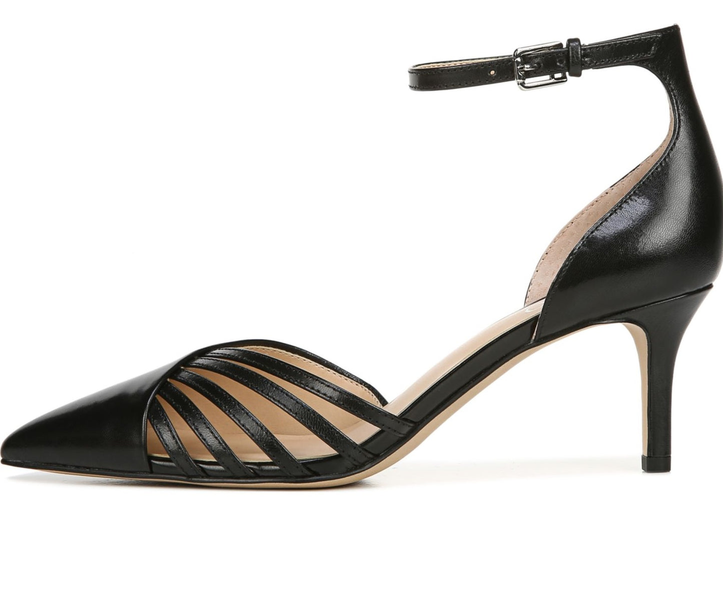 Franco Sarto Sapatos Femininos de Couro com Tira no Tornozelo e Salto Gatinho e Fivela, Preto, Tamanho 7,5 M