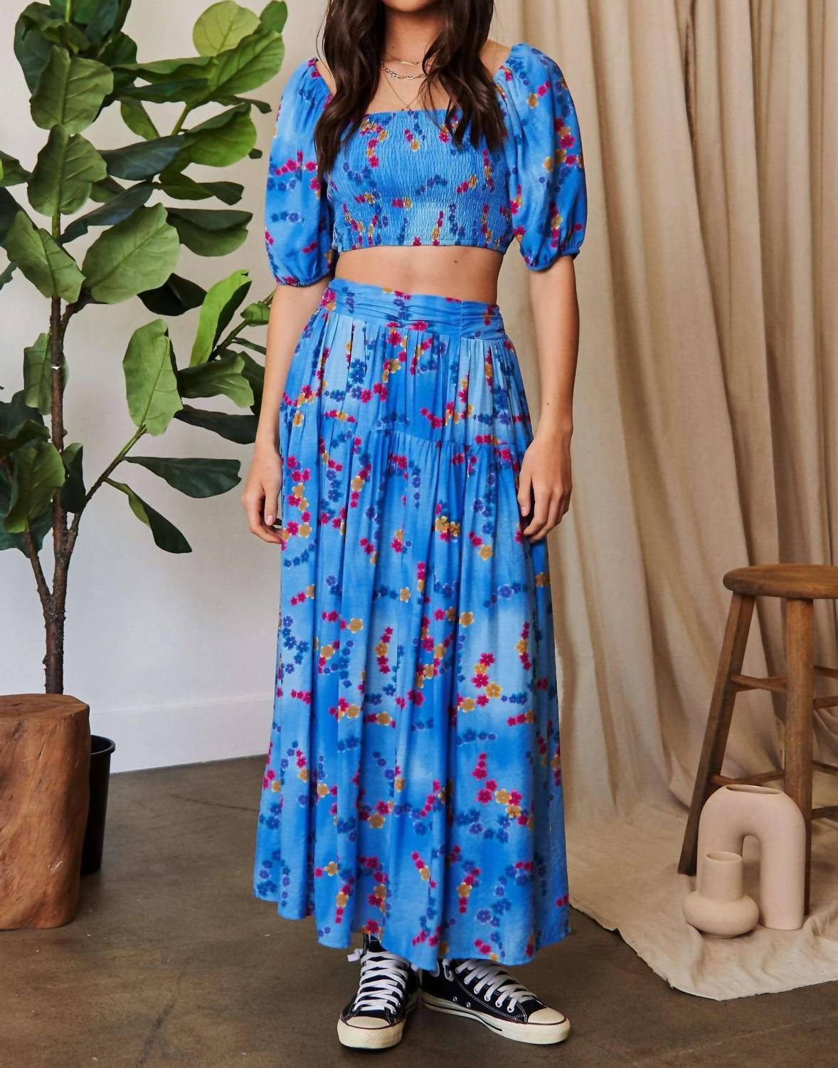 Trendsi - Davi & Dani Printed Smocking Waistband Ruffled Maxi Skirt