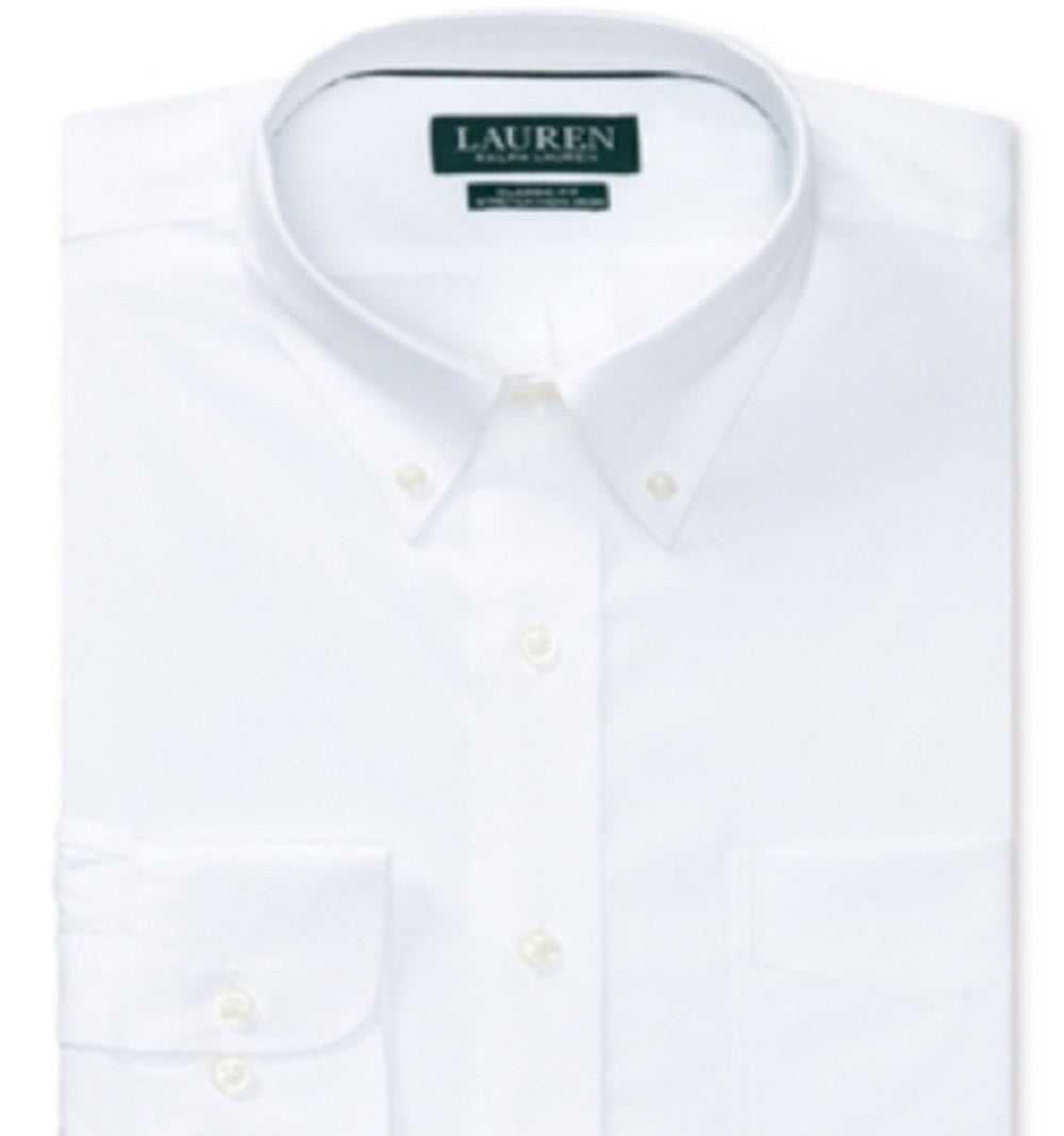 Camisa social masculina Polo Ralph Lauren Classic Regular Fit, sem passar a ferro, elástica, tamanho Pinpoint, branca, 16x34x35