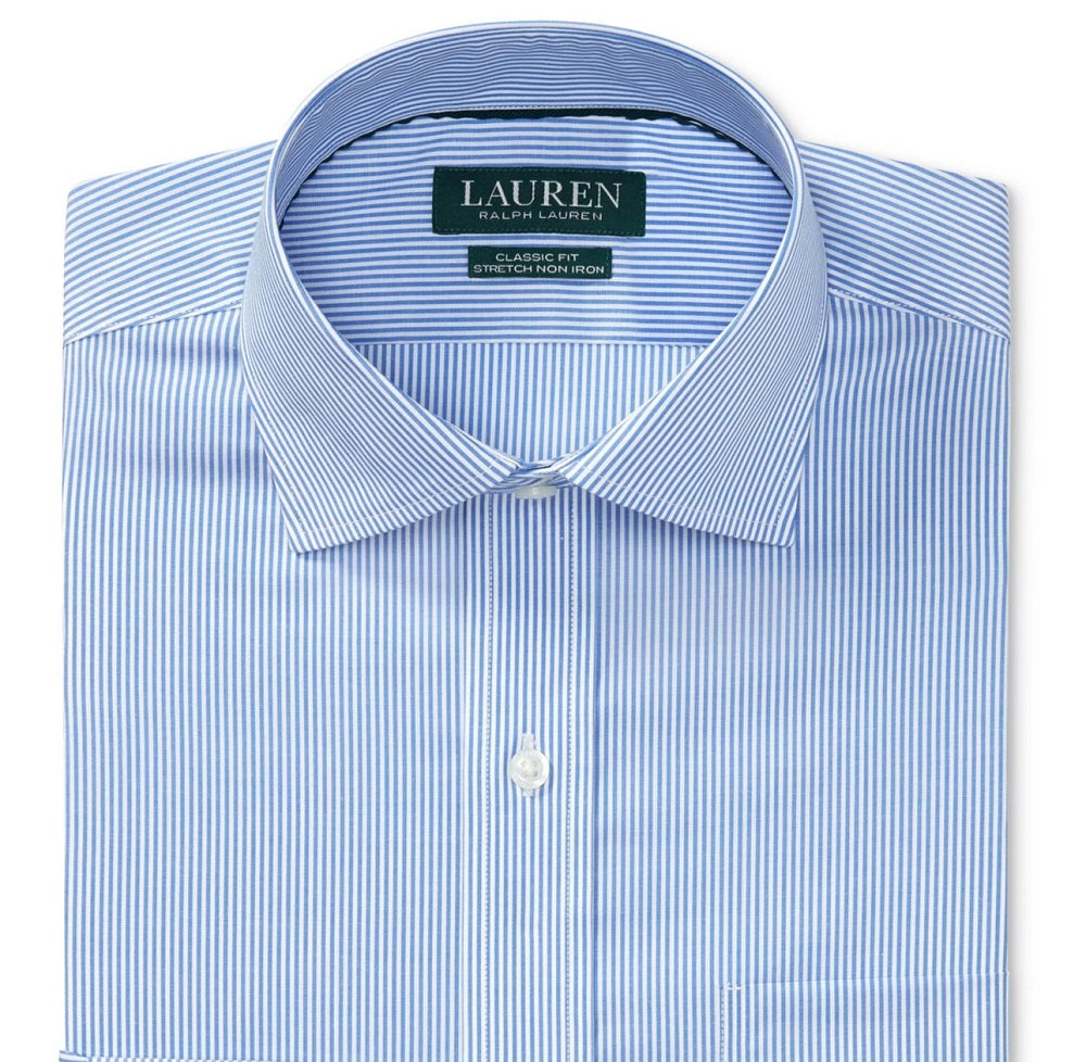 Camisa social listrada clássica Ralph Lauren masculina, tamanho 16,5, com ajuste regular e elástico, que não passa a ferro