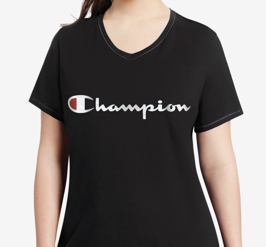 Camiseta feminina Champion com logotipo, preta, tamanho 4X