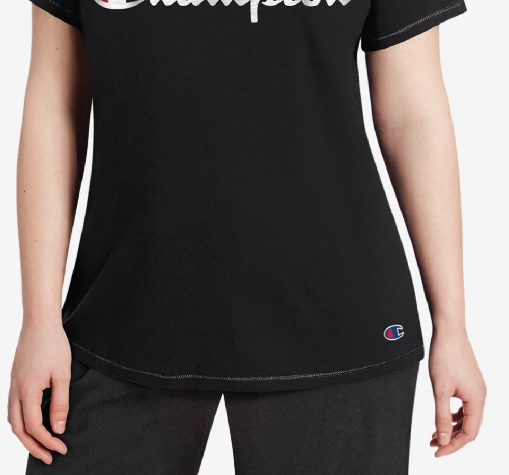 Camiseta feminina Champion com logotipo, preta, tamanho 4X