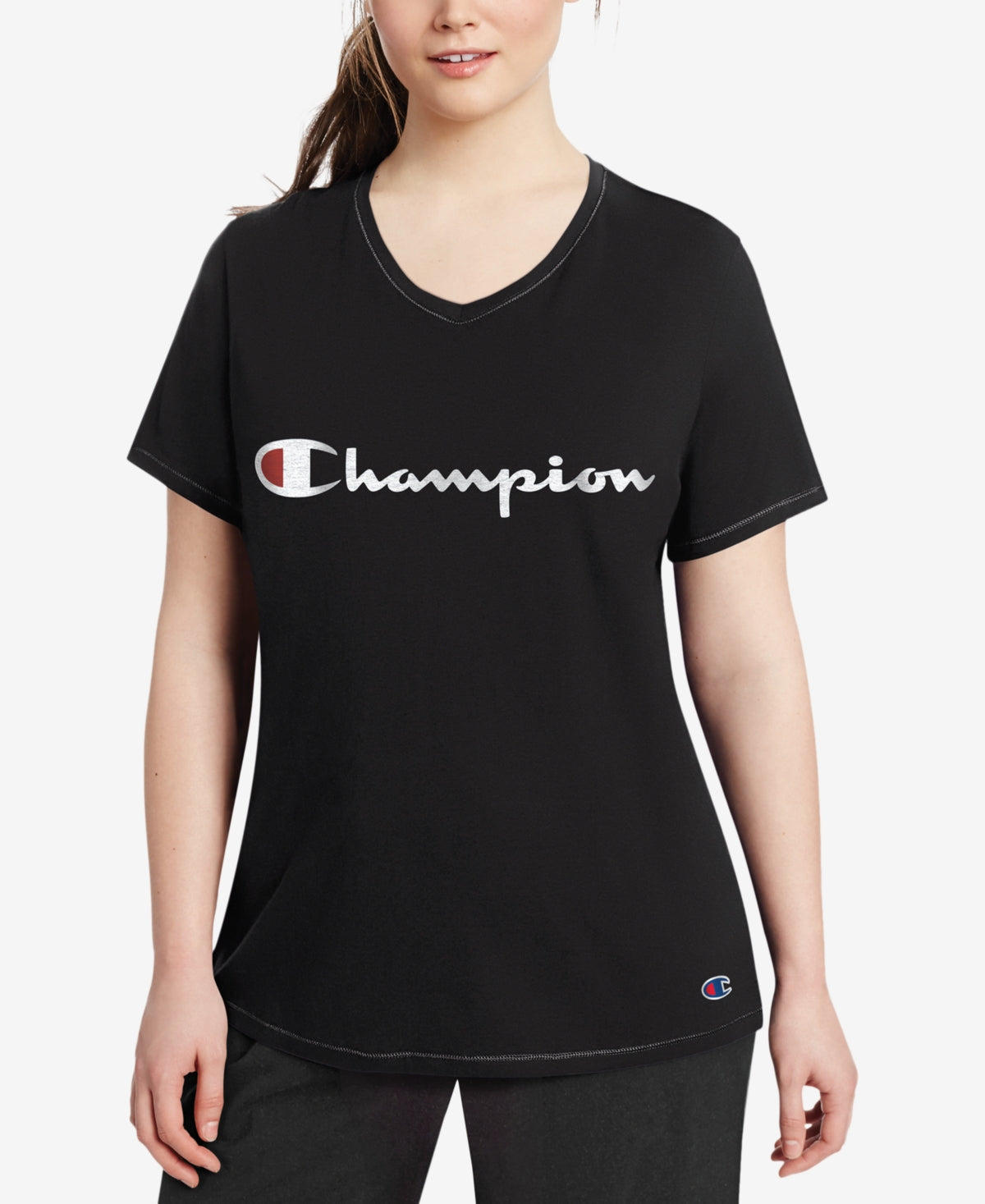 Camiseta feminina Champion com logotipo, preta, tamanho 4X