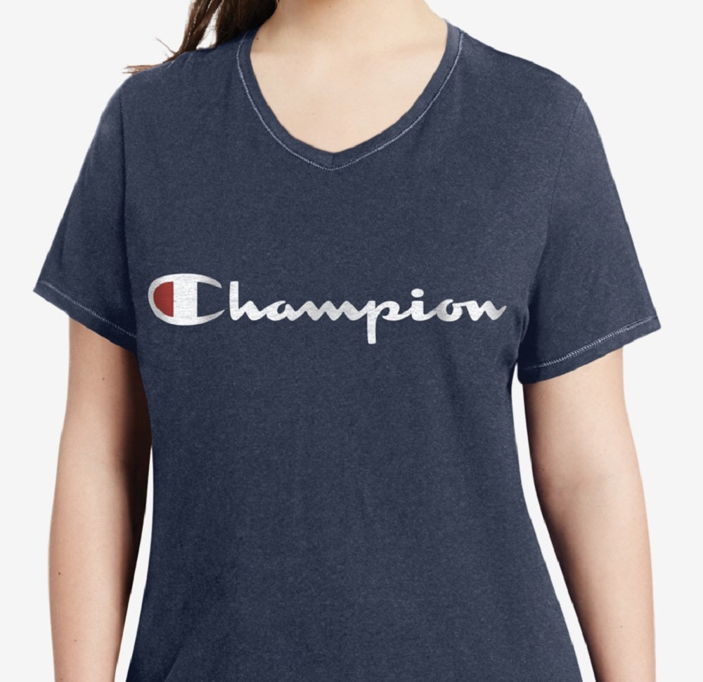 Camiseta feminina Champion com logotipo, azul, tamanho 1X
