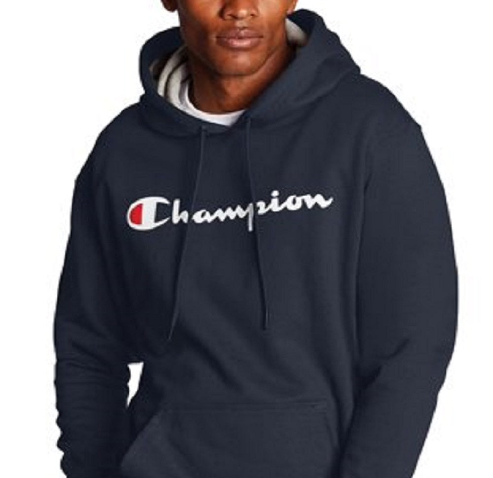 Moletom com capuz Champion masculino com logotipo Script Powerblend, azul, tamanho médio