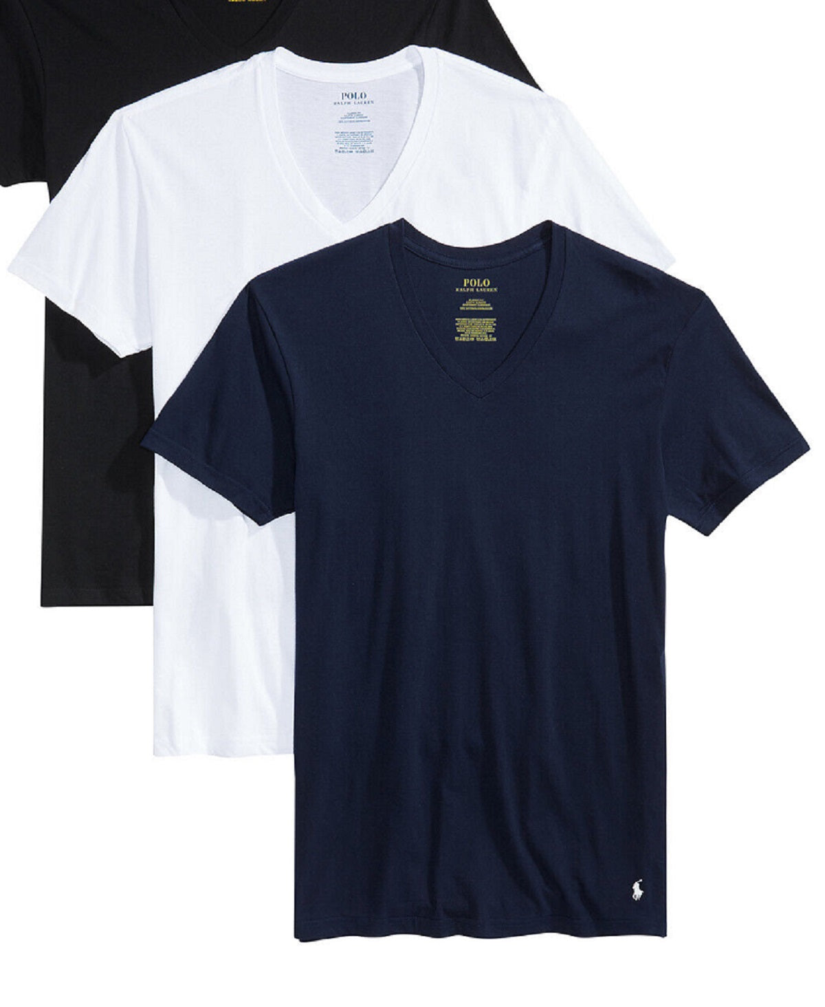 Polo Ralph Lauren Camiseta Masculina Slim Fit de Algodão com Gola V, Pacote com 3, Preta, Tamanho P
