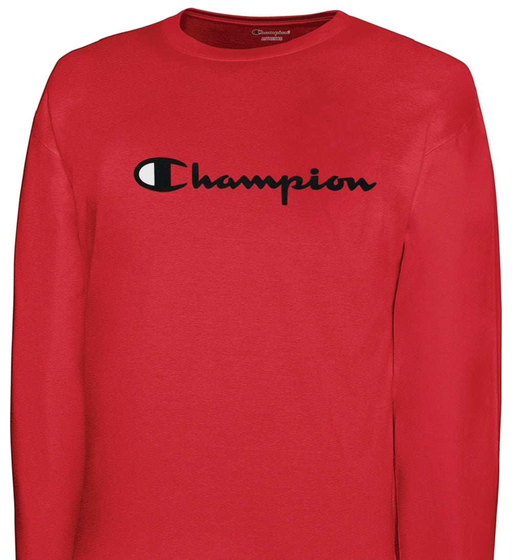 Camiseta masculina Champion com logotipo Script, manga comprida, vermelha, tamanho médio