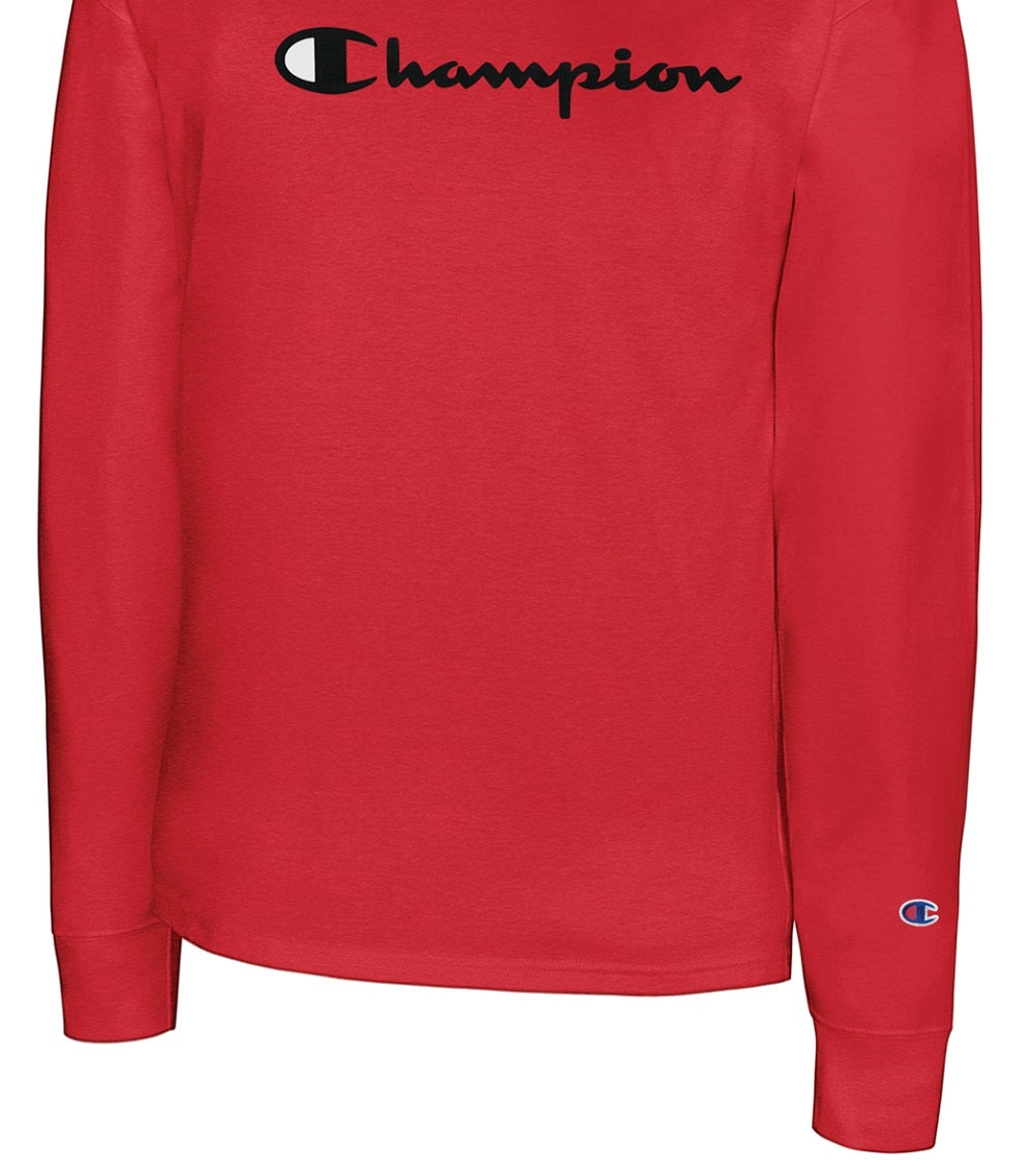Camiseta masculina Champion com logotipo Script, manga comprida, vermelha, tamanho médio