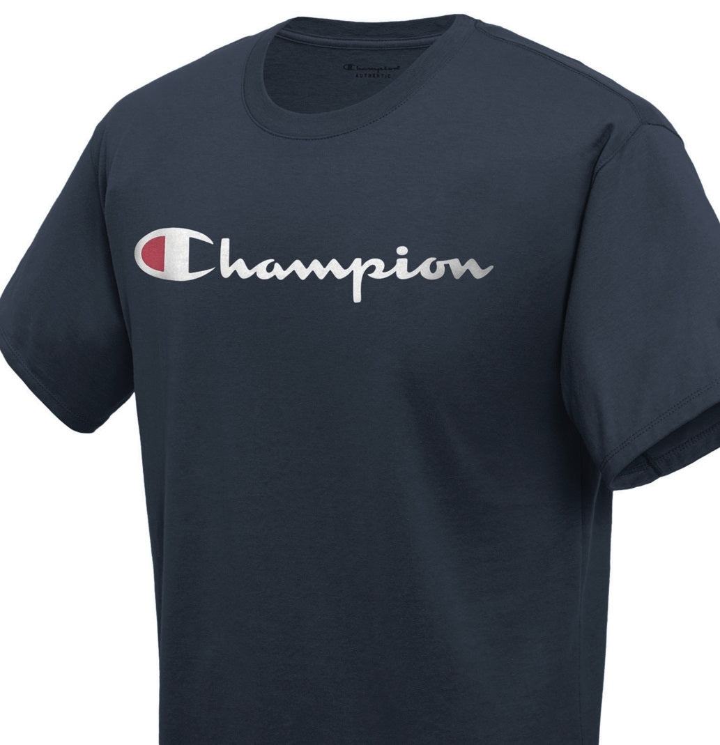 Camiseta Champion Masculina com Logotipo Script Azul Tamanho XX-G