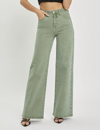 Risen - Calça Jeans de Cintura Alta e Perna Larga