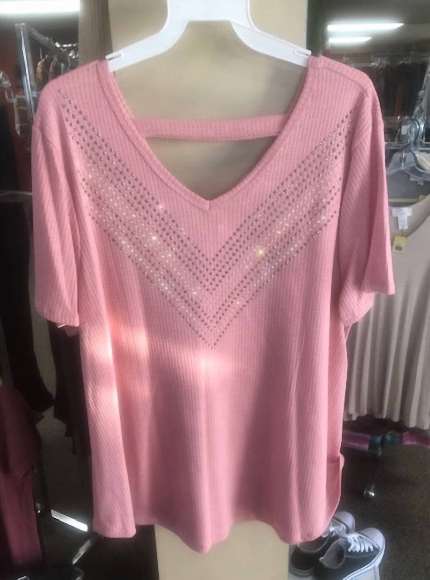 Blank - Women's Rhinestone Embellishments Short Sleeve Shirt - Plus