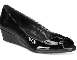 Sandália feminina Bandolino Peep Toe Wedge, preta, tamanho 5,5 M