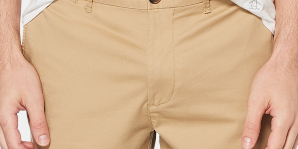 Shorts de sarja de algodão elástico original Penguin masculino, bege, tamanho 31