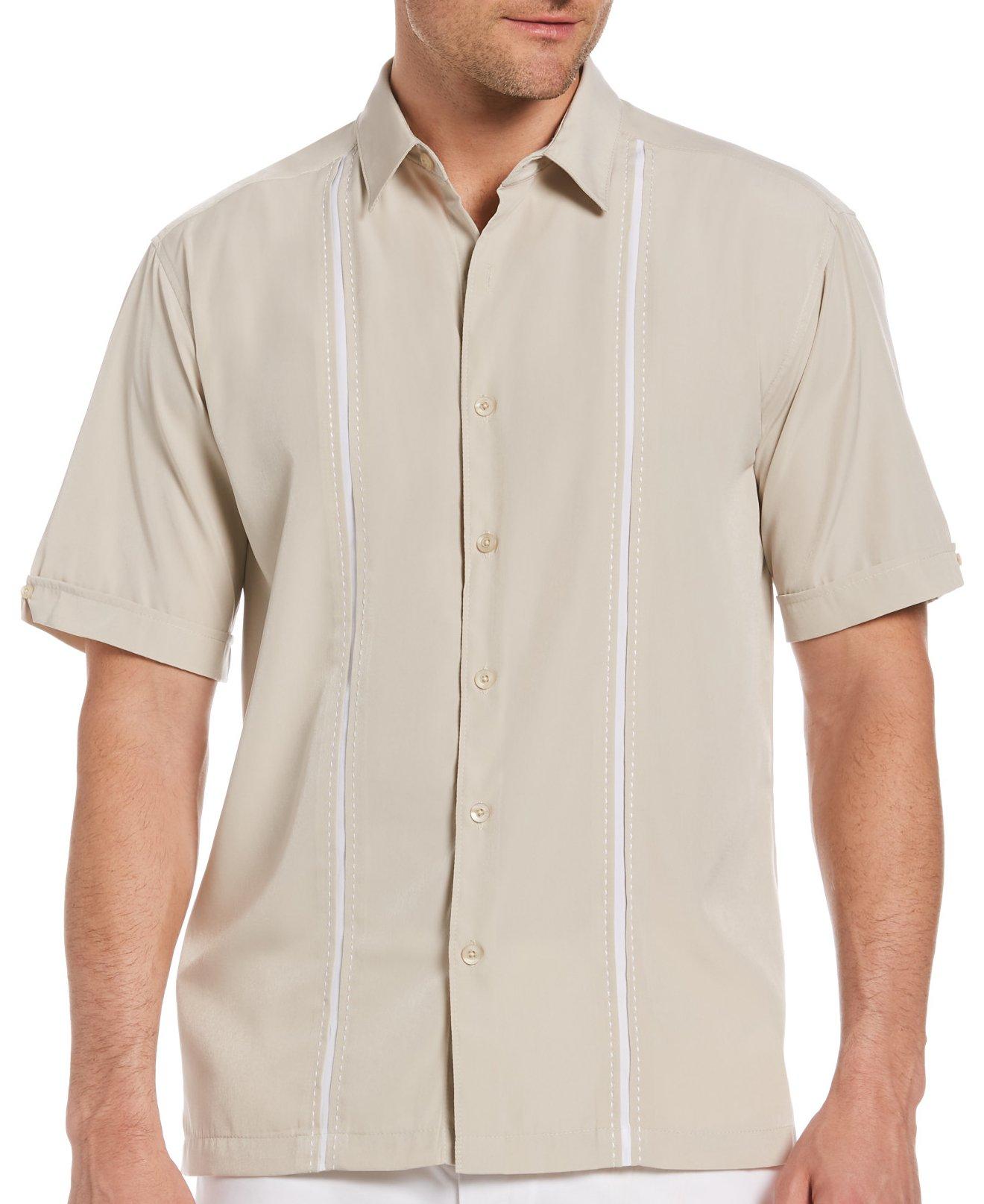 Camisa masculina Cubavera de manga curta com costura contrastante e painel, tamanho grande, marrom