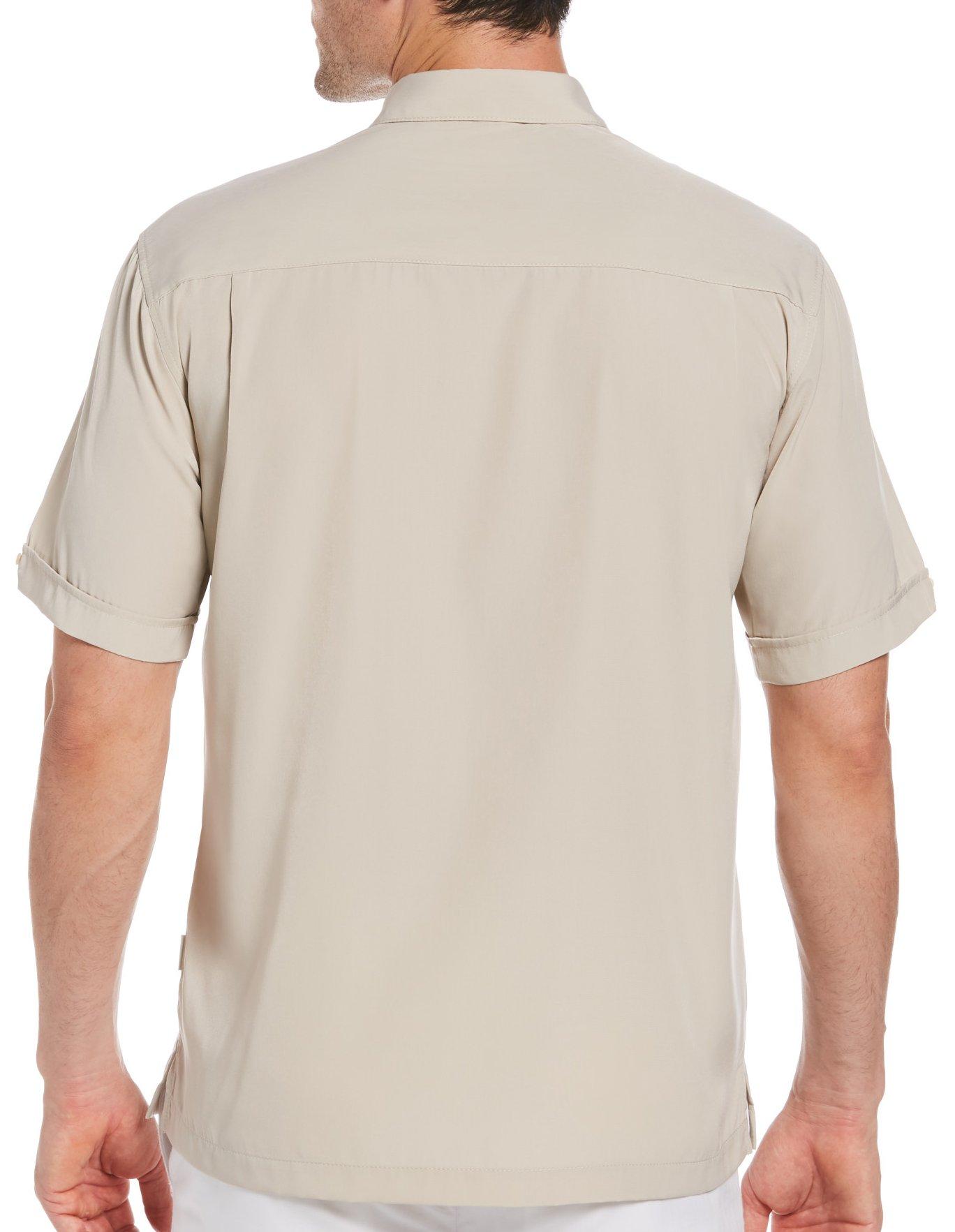 Camisa masculina Cubavera de manga curta com costura contrastante e painel, tamanho grande, marrom