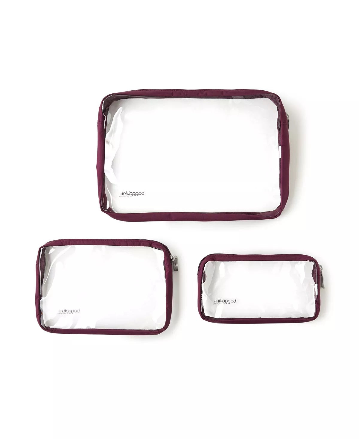 Conjunto de 3 bolsas de viagem transparentes Baggallini para mulheres, tamanho regular, roxo