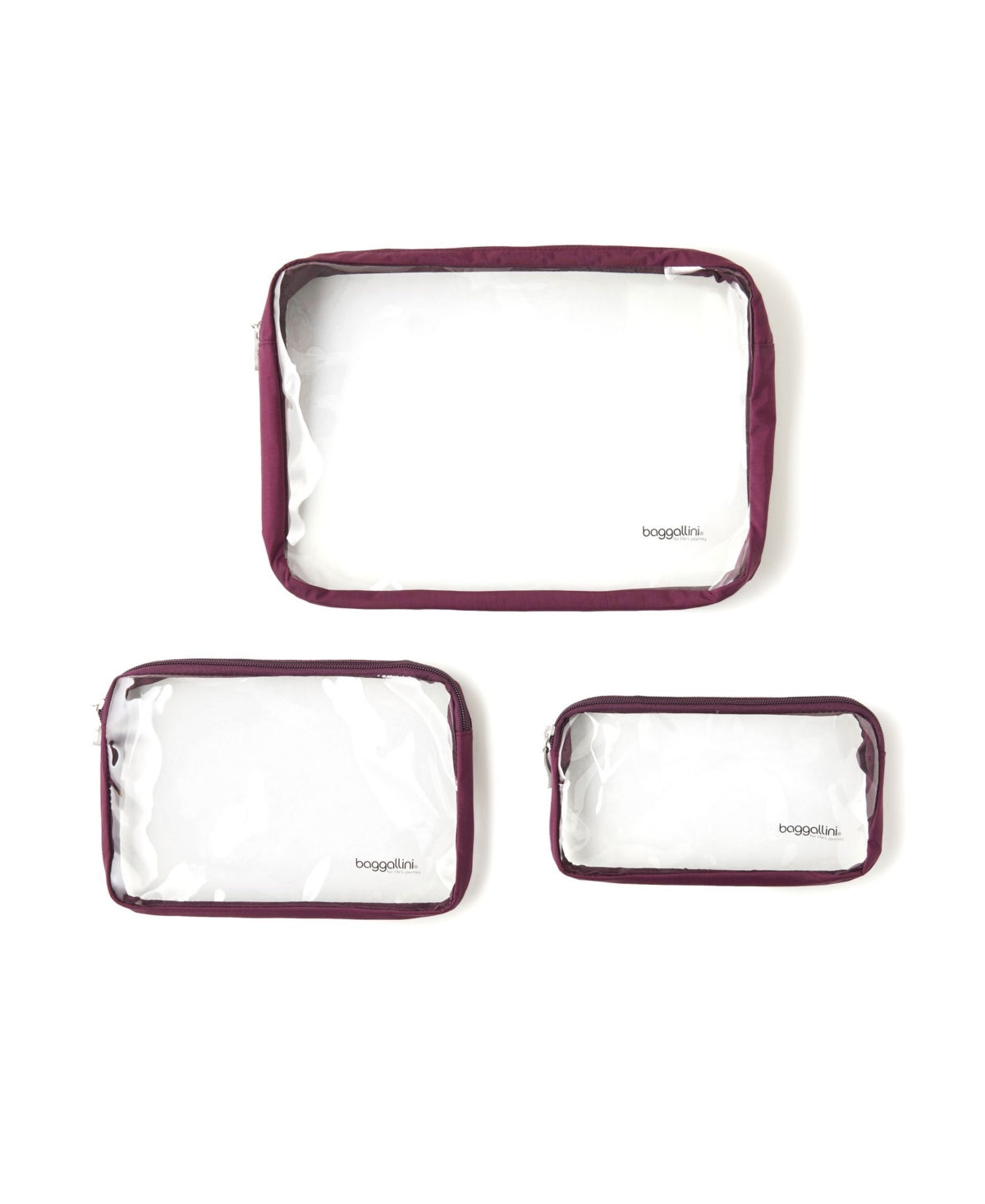 Conjunto de 3 bolsas de viagem transparentes Baggallini para mulheres, tamanho regular, roxo