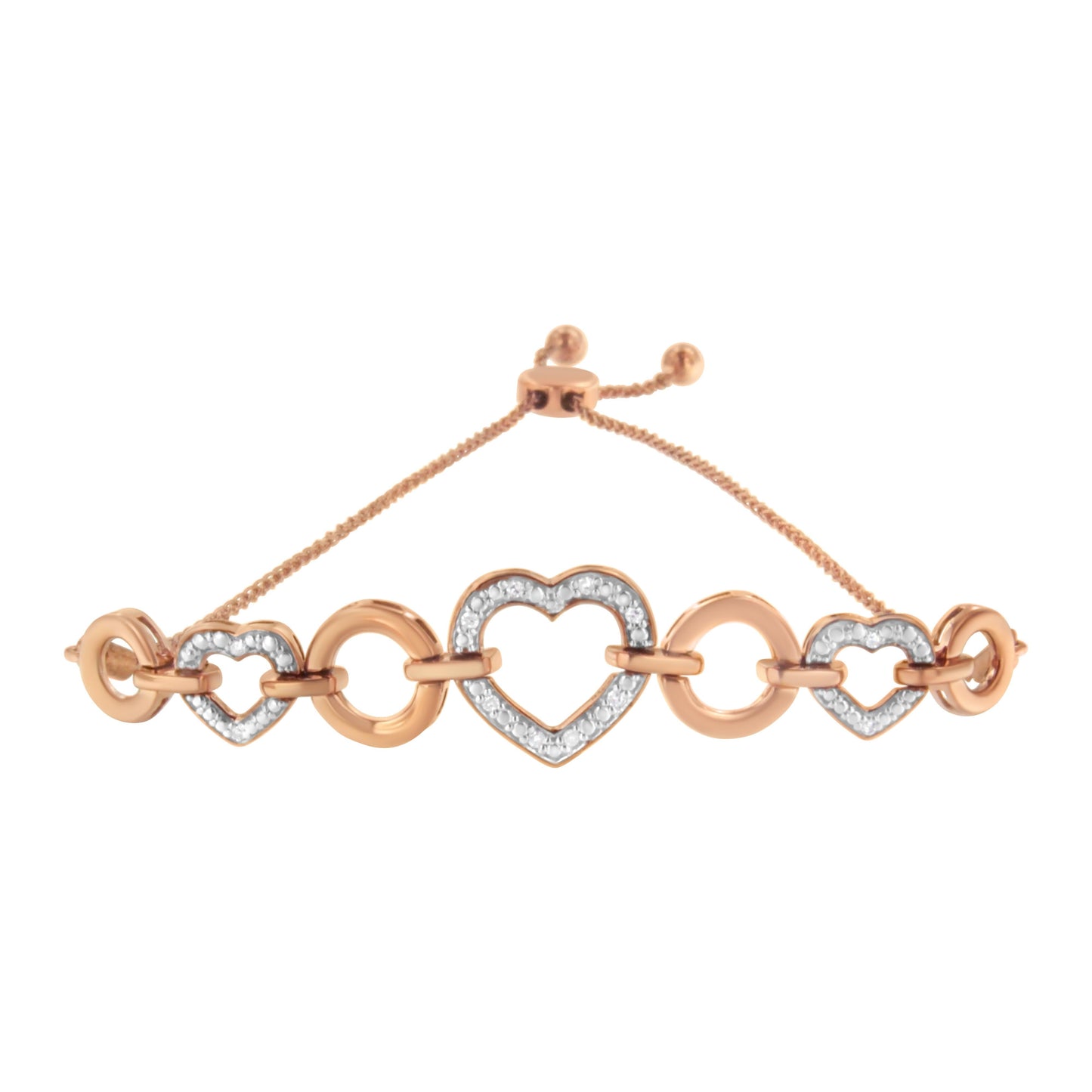 14K Rose Gold Plated .925 Sterling Silver Diamond Accent Circle and Heart Link Adjustable 6�������-10������� Bolo Bracelet