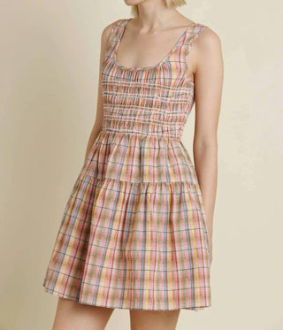 Aureum - Smocked Plaid Mini Dress