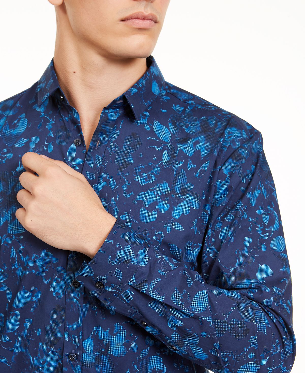 Camisa masculina Hugo Boss com botões frontais extra slim fit floral azul tamanho XX-G