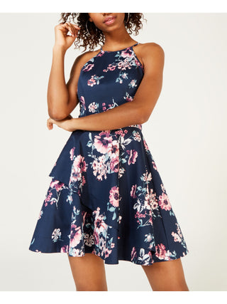 Speechless Women's Floral Criss Cross Scuba Dress Blue Size 11