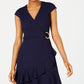 Vestido de festa feminino sem palavras com babados, zíper, manga curta, decote em V, mini, azul, tamanho grande