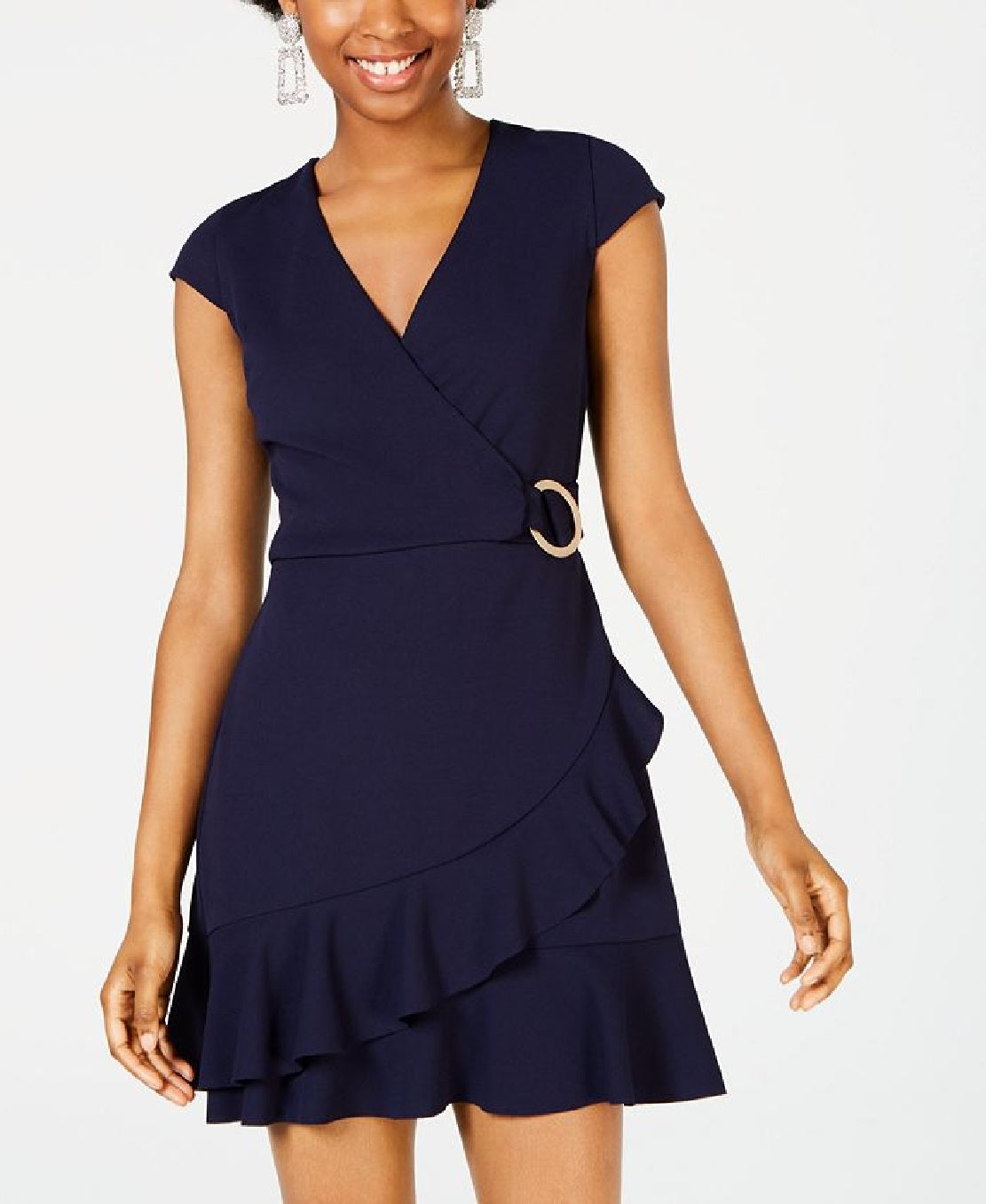 Vestido de festa feminino sem palavras com babados, zíper, manga curta, decote em V, mini, azul, tamanho grande