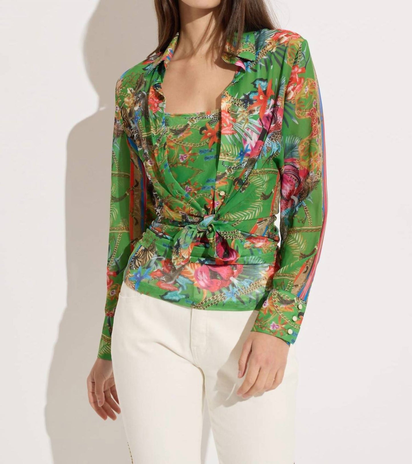 Oolala - Jungle Print Chiffon Button Down Blouse With Mesh Top