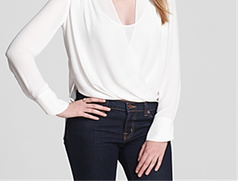 Blusa feminina Jaklyn drapeada frontal, branca, tamanho extrapequeno, BCBGMAXAZRI