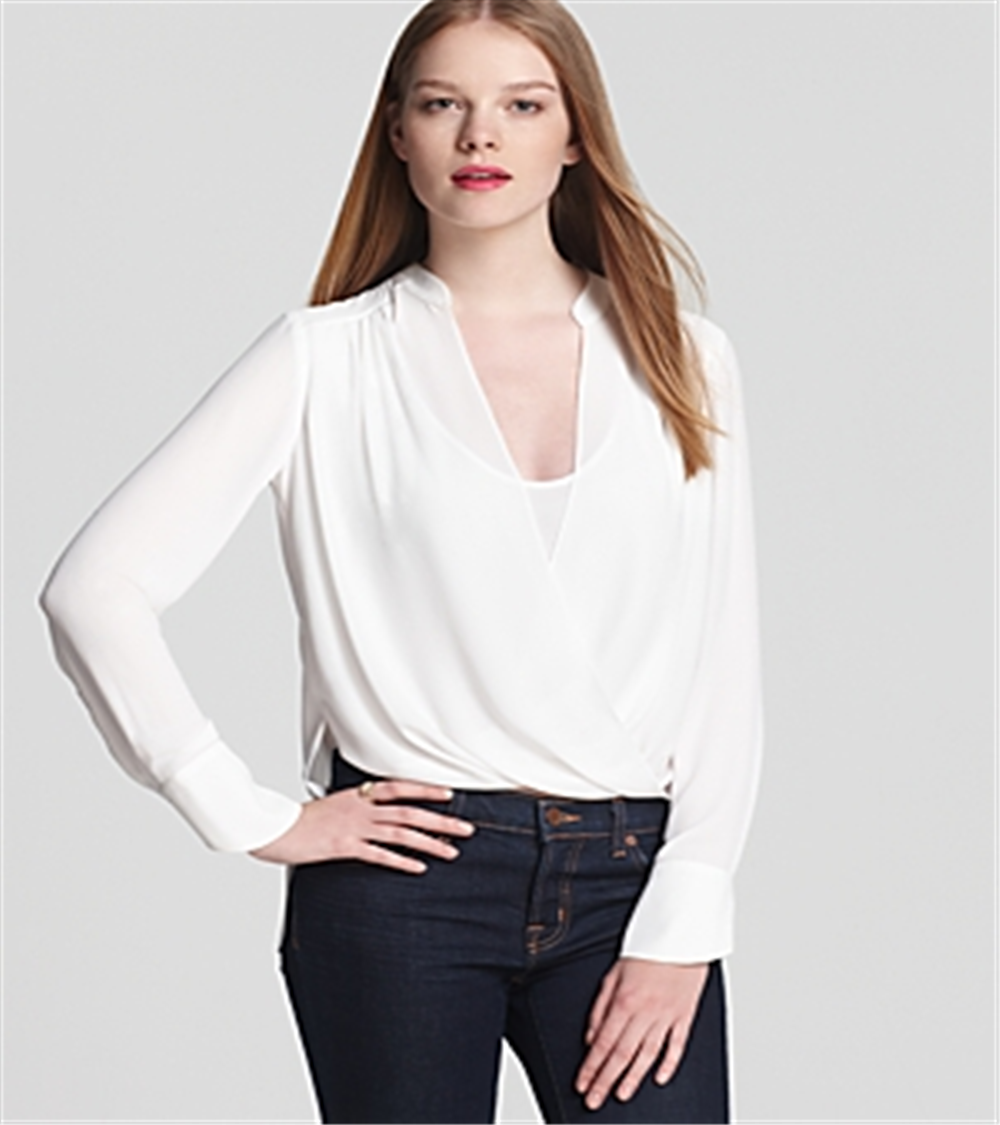 Blusa feminina Jaklyn drapeada frontal, branca, tamanho extrapequeno, BCBGMAXAZRI