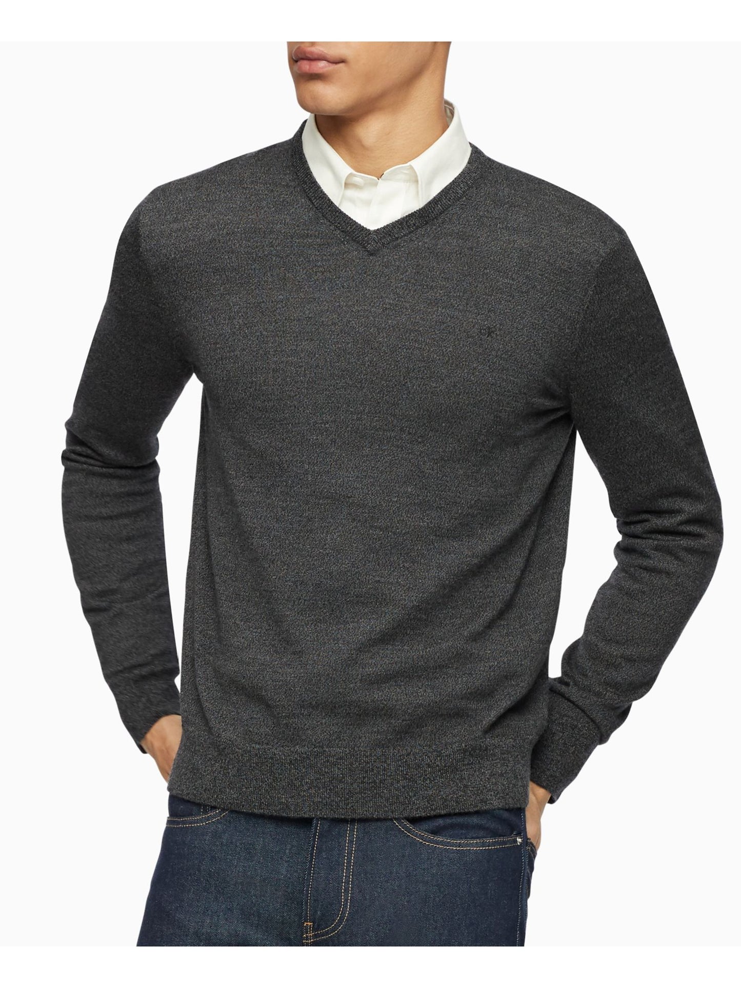 Suéter Calvin Klein Masculino de Lã Merino com Gola V Cinza Tamanho XS