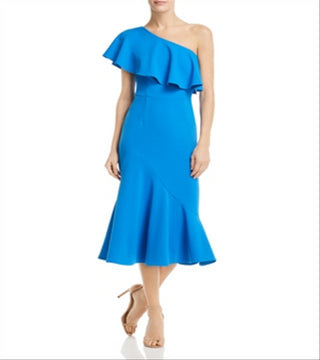 Vestido midi de crepe com babados Betsy &amp; Adam feminino, azul, tamanho 4
