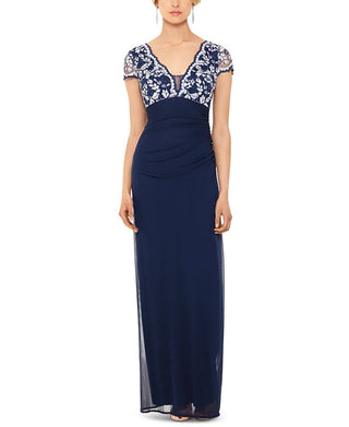Vestido formal feminino Betsy &amp; Adam, manga curta, decote em V, comprimento total, azul, tamanho 12