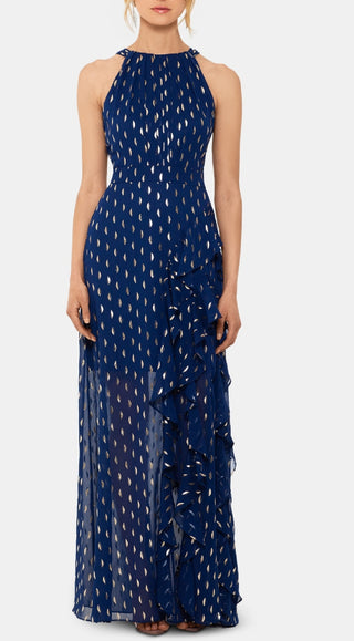 Vestido de chiffon com decote halter e babados metálicos Betsy &amp; Adam feminino, tamanho 4, azul