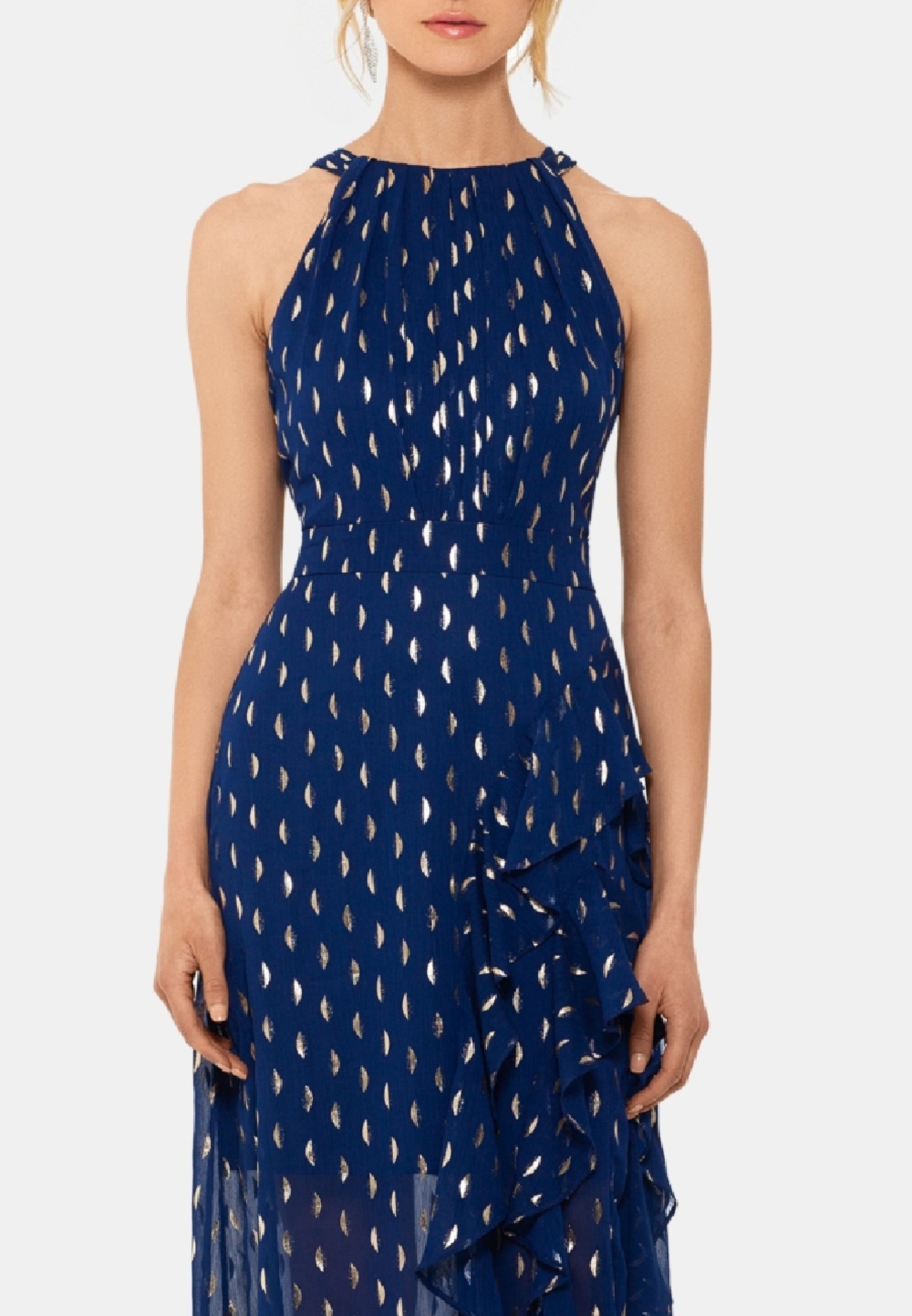 Vestido de chiffon com decote halter e babados metálicos Betsy &amp; Adam feminino, tamanho 4, azul