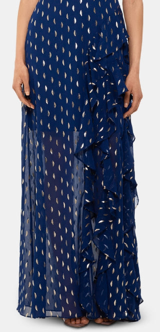 Vestido de chiffon com decote halter e babados metálicos Betsy &amp; Adam feminino, tamanho 4, azul