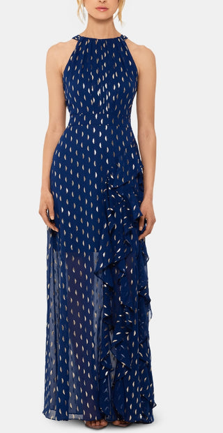 Vestido de chiffon com decote halter e babados metálicos Betsy &amp; Adam feminino, azul, tamanho 16