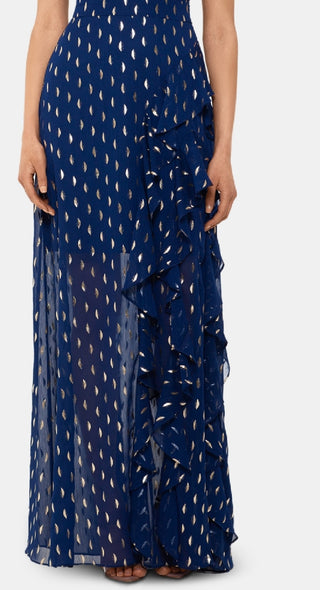 Vestido de chiffon com decote halter e babados metálicos Betsy &amp; Adam feminino, azul, tamanho 16