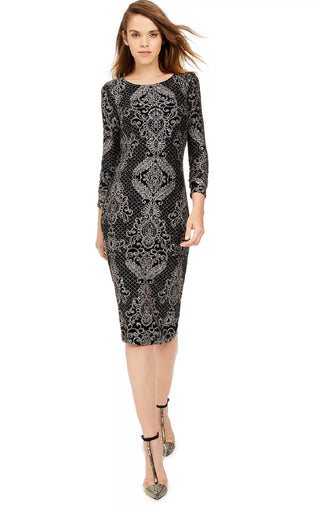 Vestido justo com glitter barroco feminino Betsy &amp; Adam, preto, tamanho 12