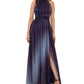 Vestido longo de festa Betsy &amp; Adam feminino, com fenda, zíper, metálico, franzido, sem mangas, azul, tamanho 2