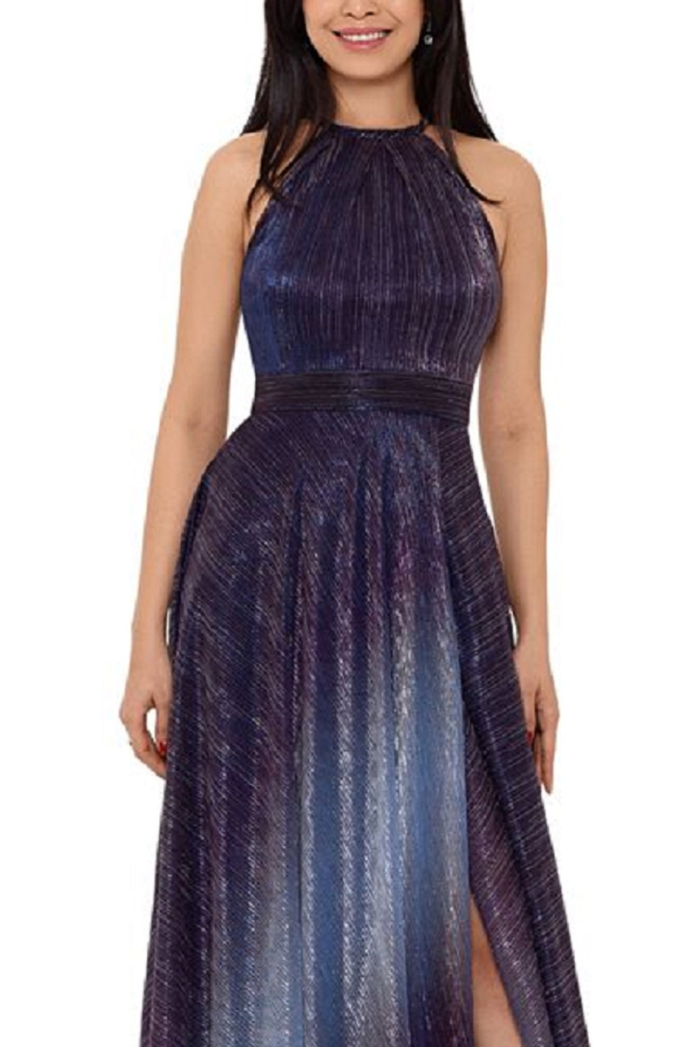Vestido longo de festa Betsy &amp; Adam feminino, com fenda, zíper, metálico, franzido, sem mangas, azul, tamanho 2