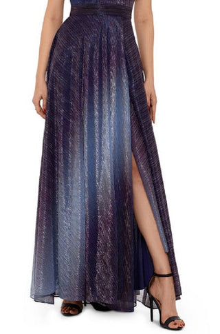 Vestido longo de festa Betsy &amp; Adam feminino, com fenda, zíper, metálico, franzido, sem mangas, azul, tamanho 2
