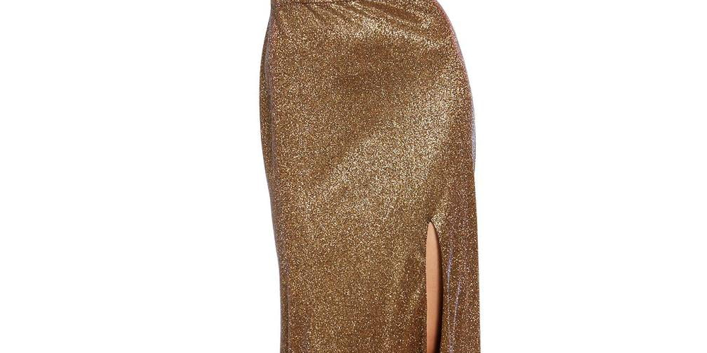 Vestido de festa longo com fenda frontal Blondie Nites feminino, amarelo, tamanho 0